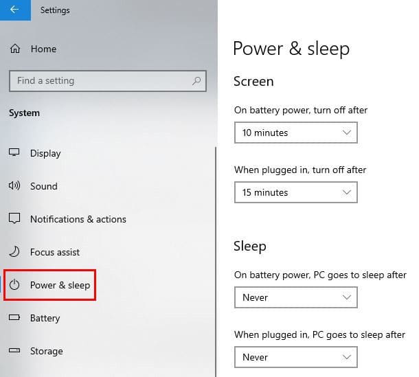 Power and Sleep Windows 10
