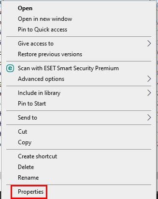 Properties option Windows folder