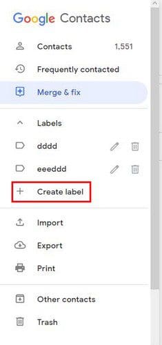Create label option Google Contacts