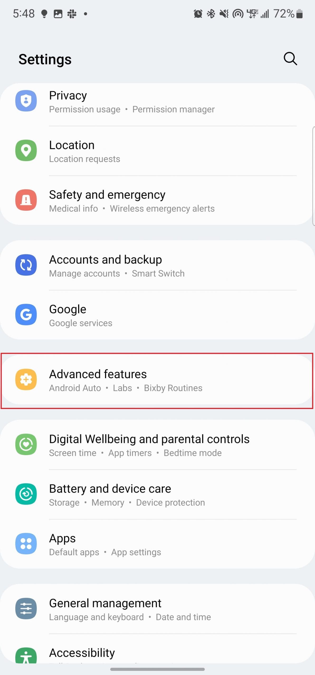 Turn Off Galaxy S22 Settings Advanced features- 5