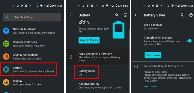 Turn off battery saver Android