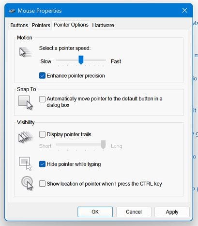 Pointer options Windows 11