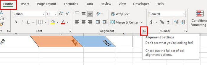 Excel alignment settings