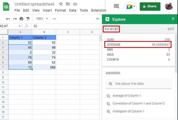 Explore average Google Sheets