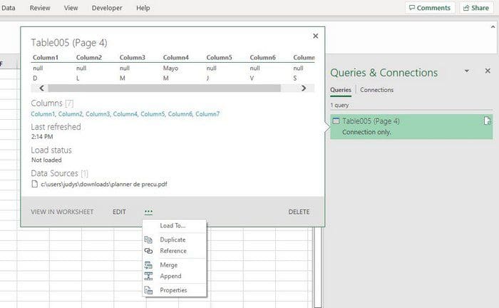 Excel Queries side window