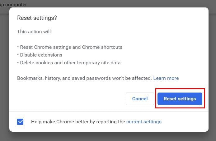 Chrome reset settings