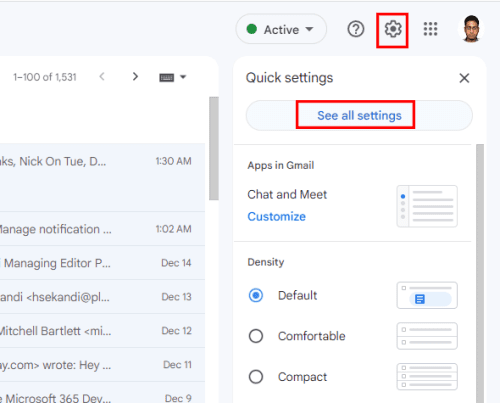 Access Gmail settings menu from Gmail to set up alias emails in Gmail