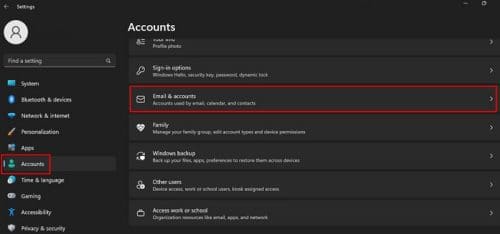 Accounts W11 Email and accounts