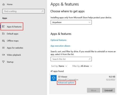 Apps and features advanced W10