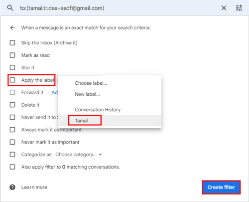 Choose a label to filter incoming emails from gmail aliases