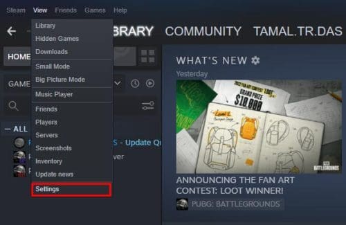 Select Settings on View menu of Steam app on PC