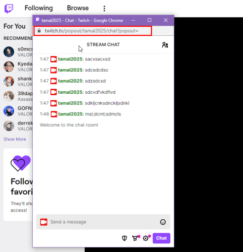 The Twitch chat pop up and its URL