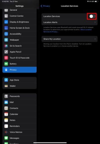 iPad Settings Privacy Location Services