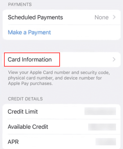 Getting to the card information menu for Apple Card