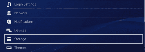 Going to Storage of PS4 from Settings