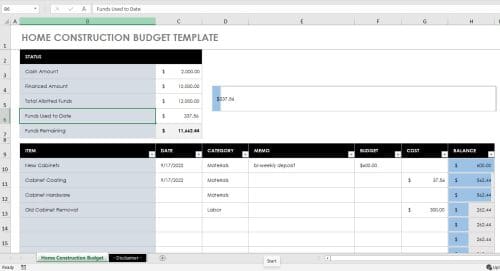 Home Construction Budget tracker Excel sheet