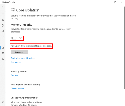 Memory integrity is off Windows 11 error