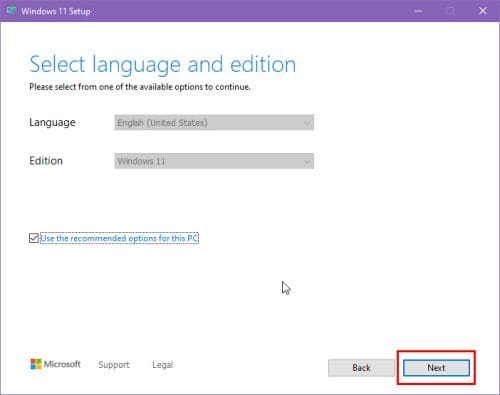 Select language page of Windows Media Creation Tool