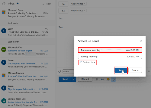 Sending an email from Outlook web with the delayed delivery feature