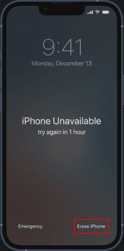 The Erase iPhone option on a disabled iPhone