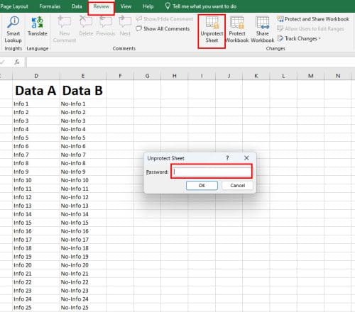 Unprotect a worksheet in Excel