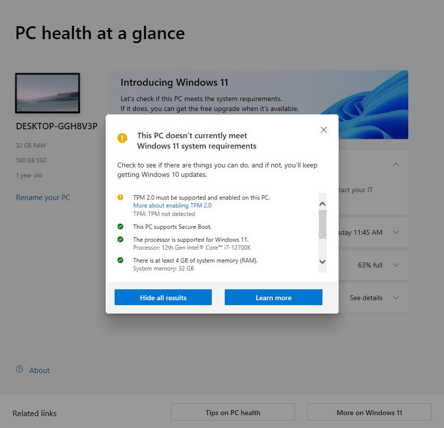 Checking Windows 11 compatibility on PC Health Check app