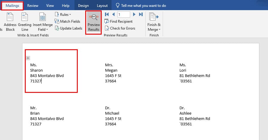Click Preview Results for How to Print Labels from Excel Using Word Mail Merge