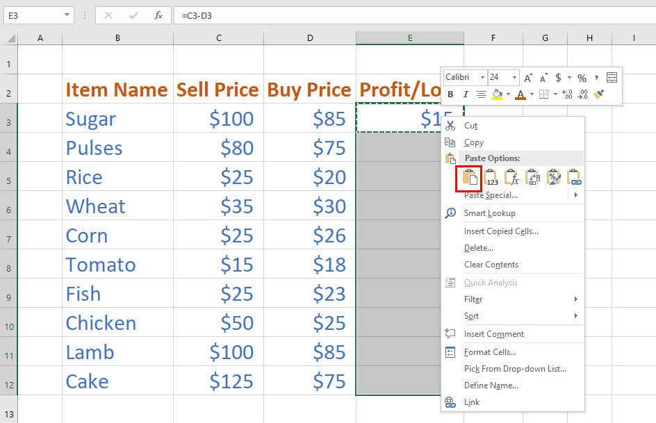Copy paste formula in the column to subtract columns