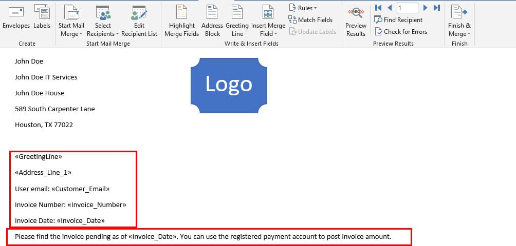 Creating the upper part of the mail merge email for invoices