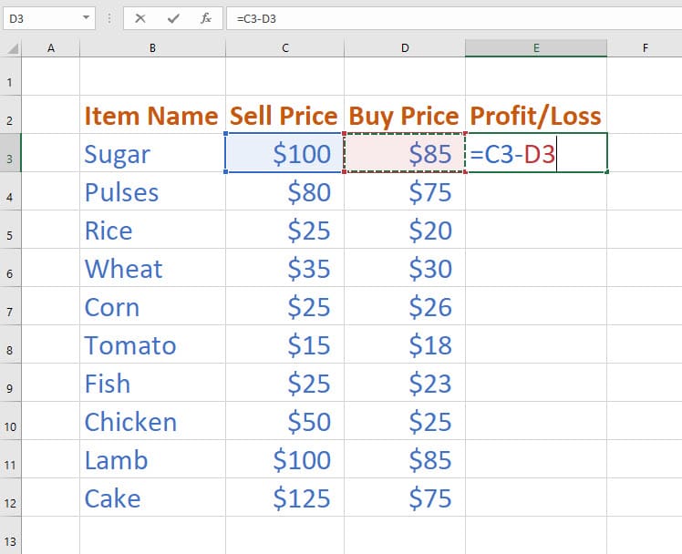 Deducting one column from another using subtraction formula in Excel