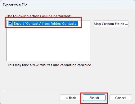 Export to a file in Outlook Import Export Wizard