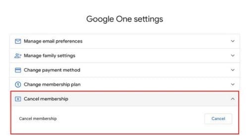 Google One Cancel button