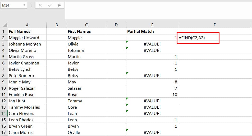 How to use FIND to compare text in Excel