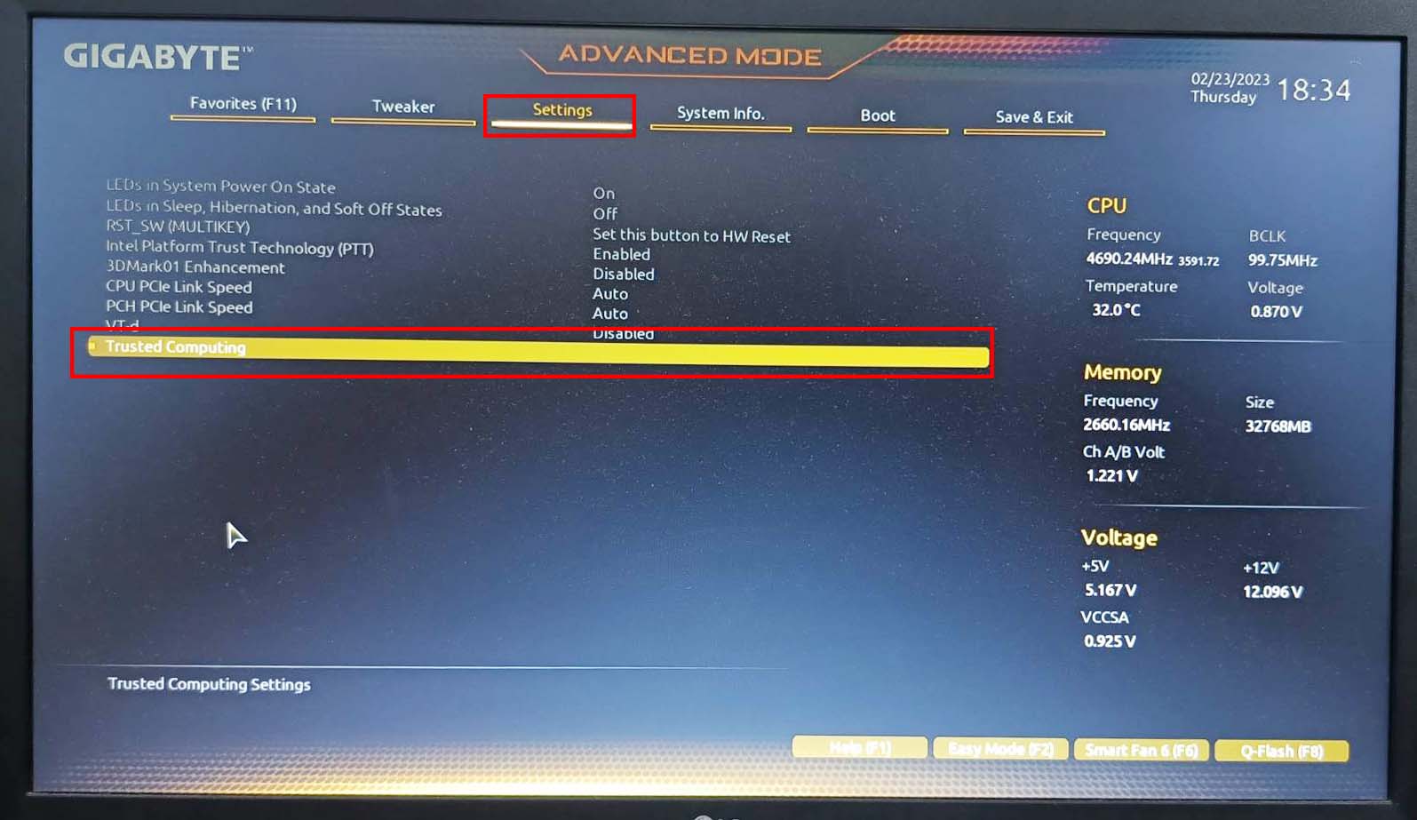 Locate trusted computing on BIOS of motherboard in Settings screen