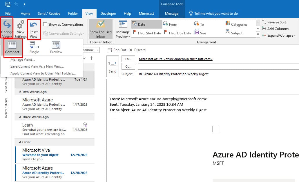 Outlook Email View Changed Fixed using Reset From View Menu