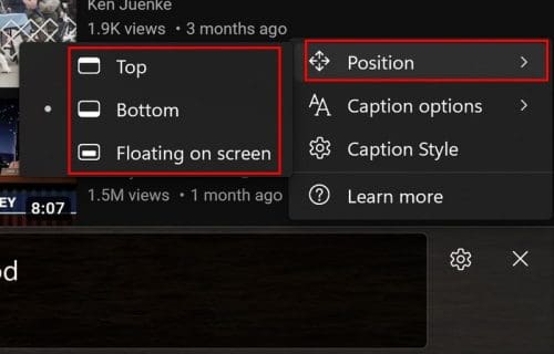 Position of the Live Captions Windows 11