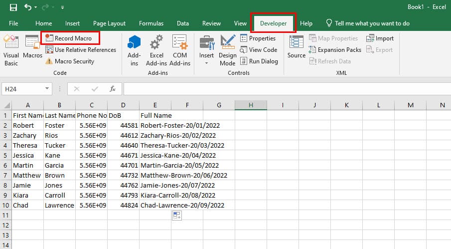 Recording macro on Excel