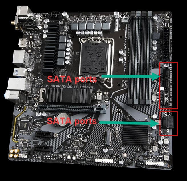 Schematics of SATA ports on a motherboard (Photo: Courtesy of Gigabyte)