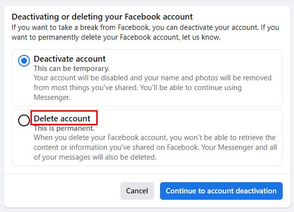 Screenshot of Facebook Deactivate Vs. Delete