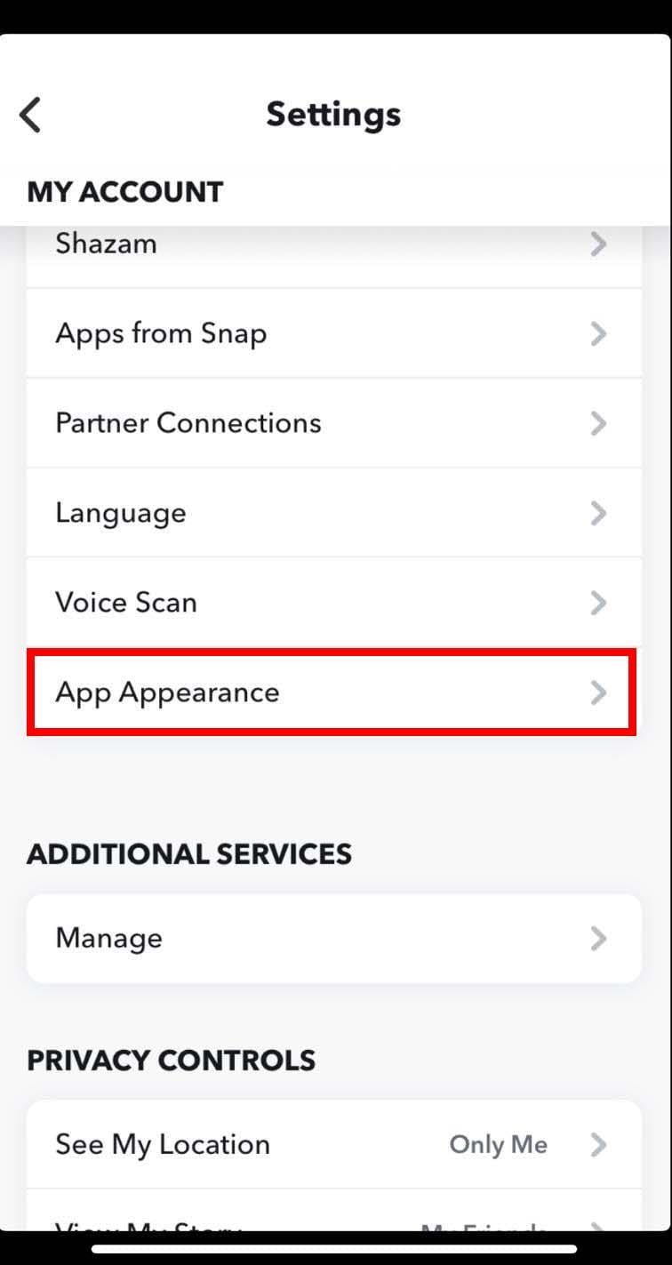 Select App Appearance on the Settings screen of Snapchat