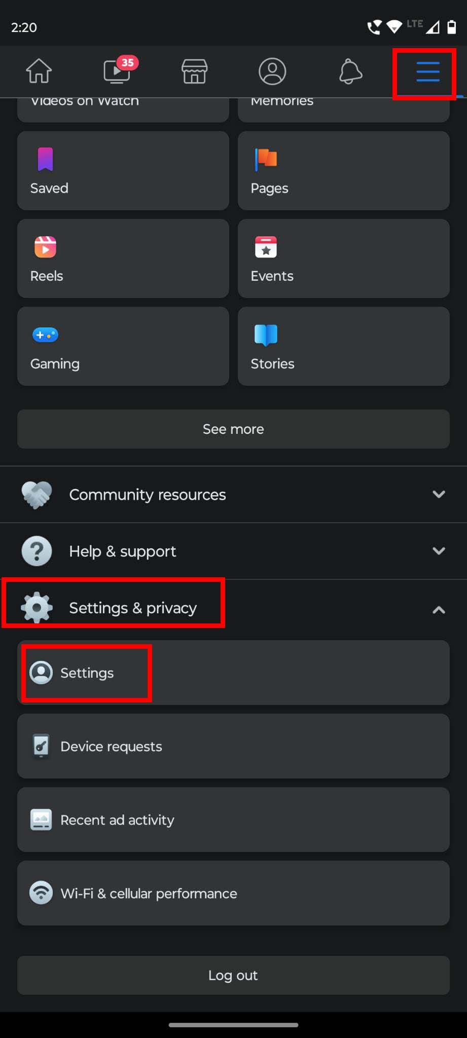 Settings and privacy in Facebook Android app