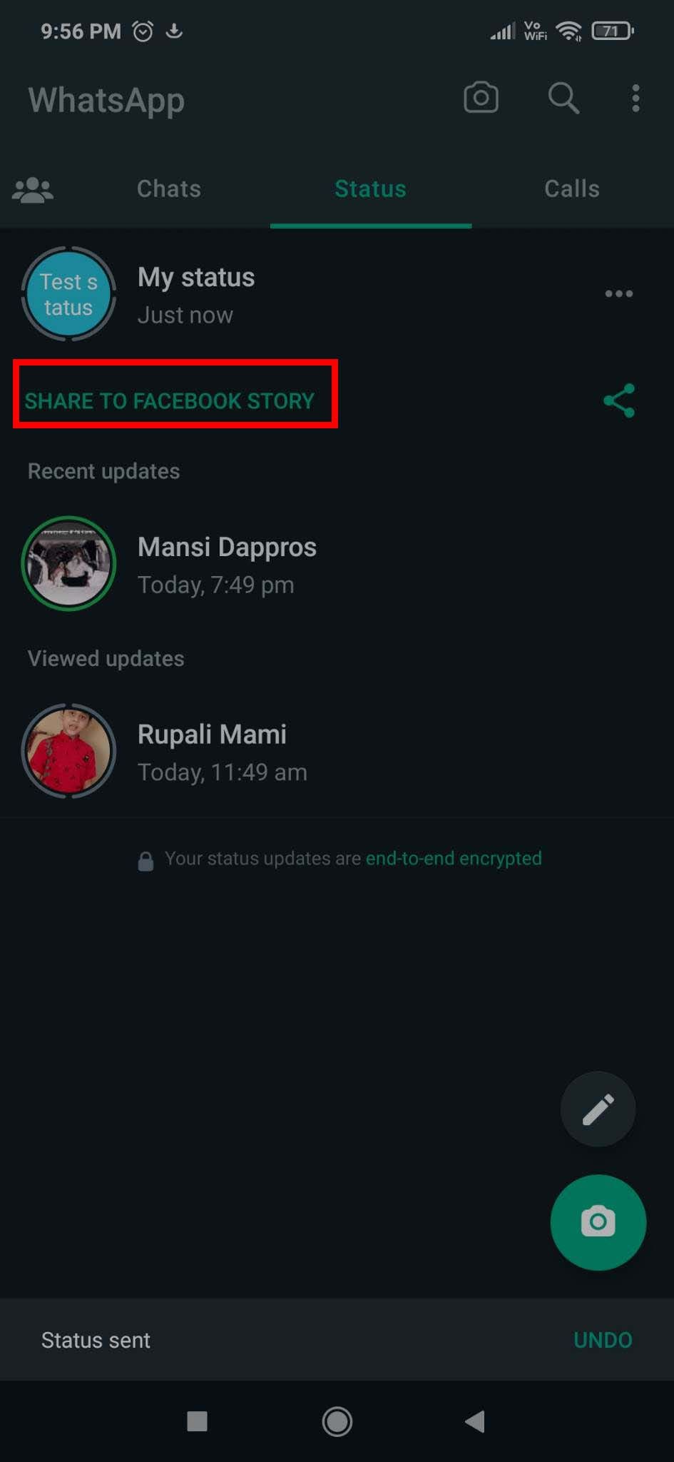 Share to Facebook Story option on WhatsApp