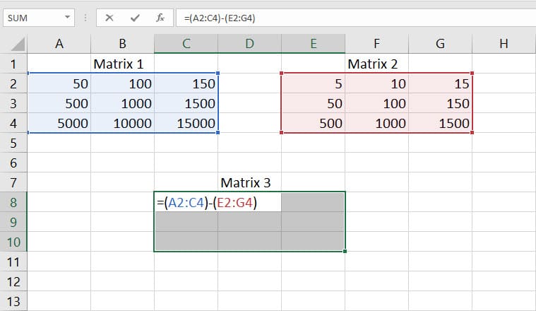 Subtracting matrices on Excel