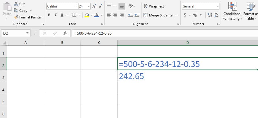 Subtraction formula in Excel deduct many numbers in one cell