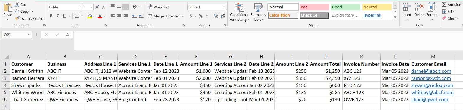 The Excel database for mail merge Excel to Word
