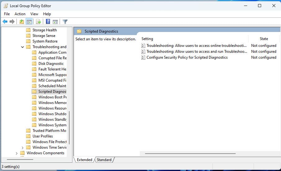 The Scripted Diagnostics page on Group Policy Editor