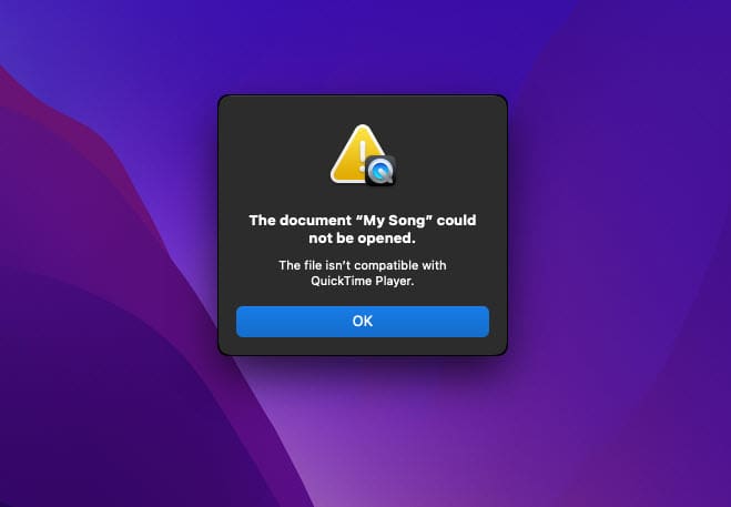 The file isn't compatible with QuickTime Player error