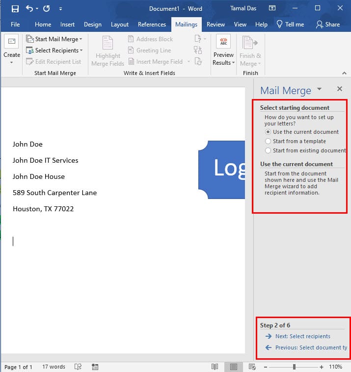 The second step of mail merge in Mail Merge Wizard