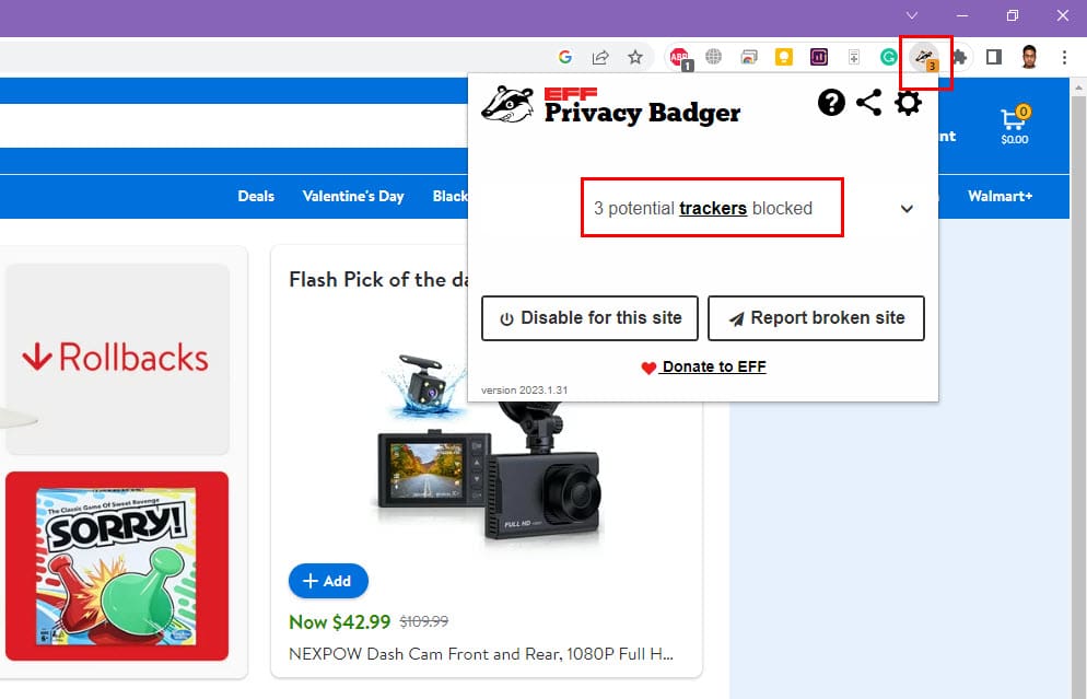 Tracker blocked ticker on Privacy Badger