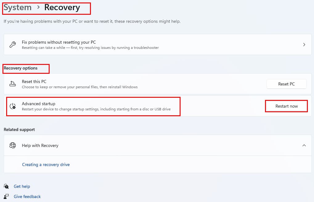 Use Advanced startup from settings for how to enter bios windows 11